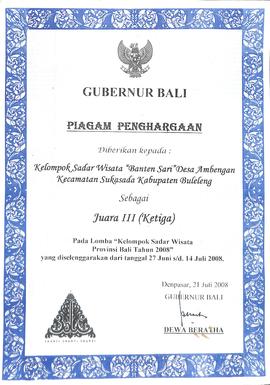 Piagam Penghargaan Kelompok Sadar Wisata &quot;Banten Sari&quot; Desa Ambengan Kecamatan Sukasada...