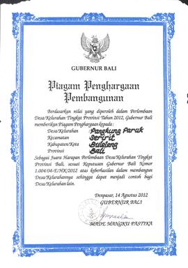 Piagam penghargaan pembangunan perlombaan Desa/Kelurahan Tingkat Provinsi Bali