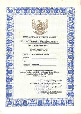 Surat Tanda penghargaan atas Partisipasinya dalam kegiatan olahraga peringatan HUT Proklamasi Kemerdekaan Republik Indonesia ke-55 Th 2000 Di Kab.Buleleng