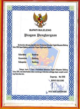 Piagam penghargaan Kelurahan Tingkat Kabupaten Buleleng tahun 2016