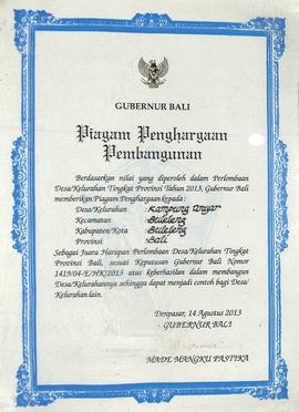 Piagam penghargaan pembangunan perlombaan Desa/Kelurahan Tingkat Provinsi Bali
