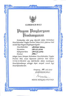 Piagam Penghargaan Perlombaan Desa/Kelurahan Tingkat Provinsi Bali