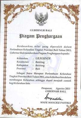 Piagam penghargaan perlombaan Kelurahan tingkat Provinsi Bali tahun 2015