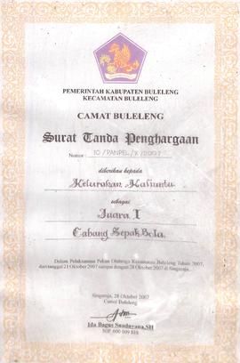 Surat Tanda Penghargaan pekan olahraga Kecamatan Buleleng tahun 2007