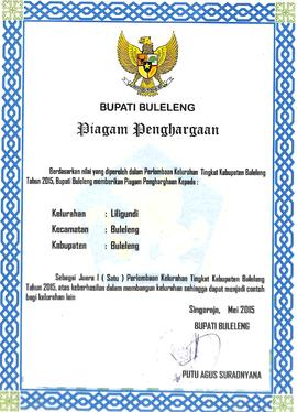 Piagam penghargaan perlombaan kelurahan tingkat Kabupaten Buleleng tahun 2015