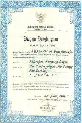 Piagam Penghargaan dalam Rangka Lomba KB.Mandiri di Desa/Kelurahan tahun 1996/1997 di Provinsi Daerah Tingkat I Bali