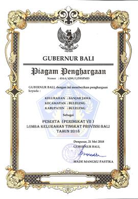 Piagam Penghargaan Gubernur Bali dalam Lomba Kelurahan Tingkat Provinsi Bali Tahun 2018