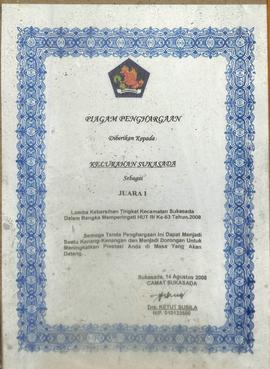 Piagam penghargaan lomba kebersihan Tingkat Kecamatan Sukasada dalam rangka memperingati HUT RI ke 63 Tahun 2008