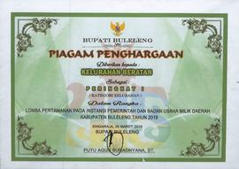 Piagam penghargaan lomba pertamanan pada instansi  pemerintah dan BUMD Kabupaten Buleleng tahun 2019