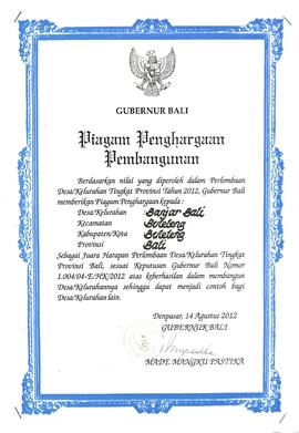 Piagam Penghargaan Pembangunan Perlombaan Desa/Kelurahan Tingkat Provinsi Tahun 2012