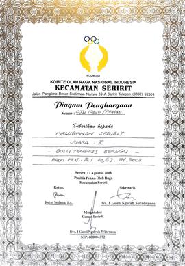 Piagam penghargaan lomba bulutangkis beregu pada HUT RI ke 63 tahun 2008