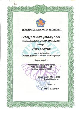 Piagam Penghargaan lomba kebersihan antar Kelurahan/Desa se Kabupaten Buleleng